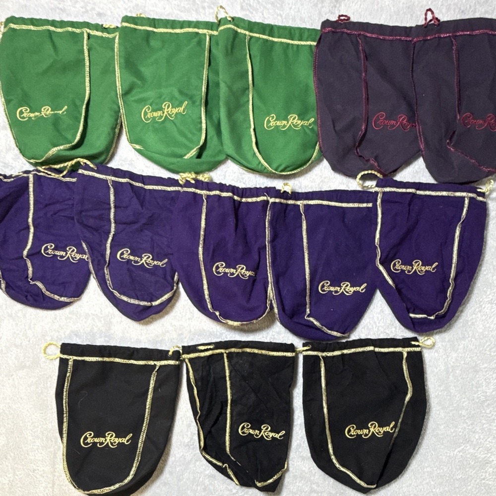 Crown Royal Embroidered Drawstring Bag Pouches Lot, Purple Green Black